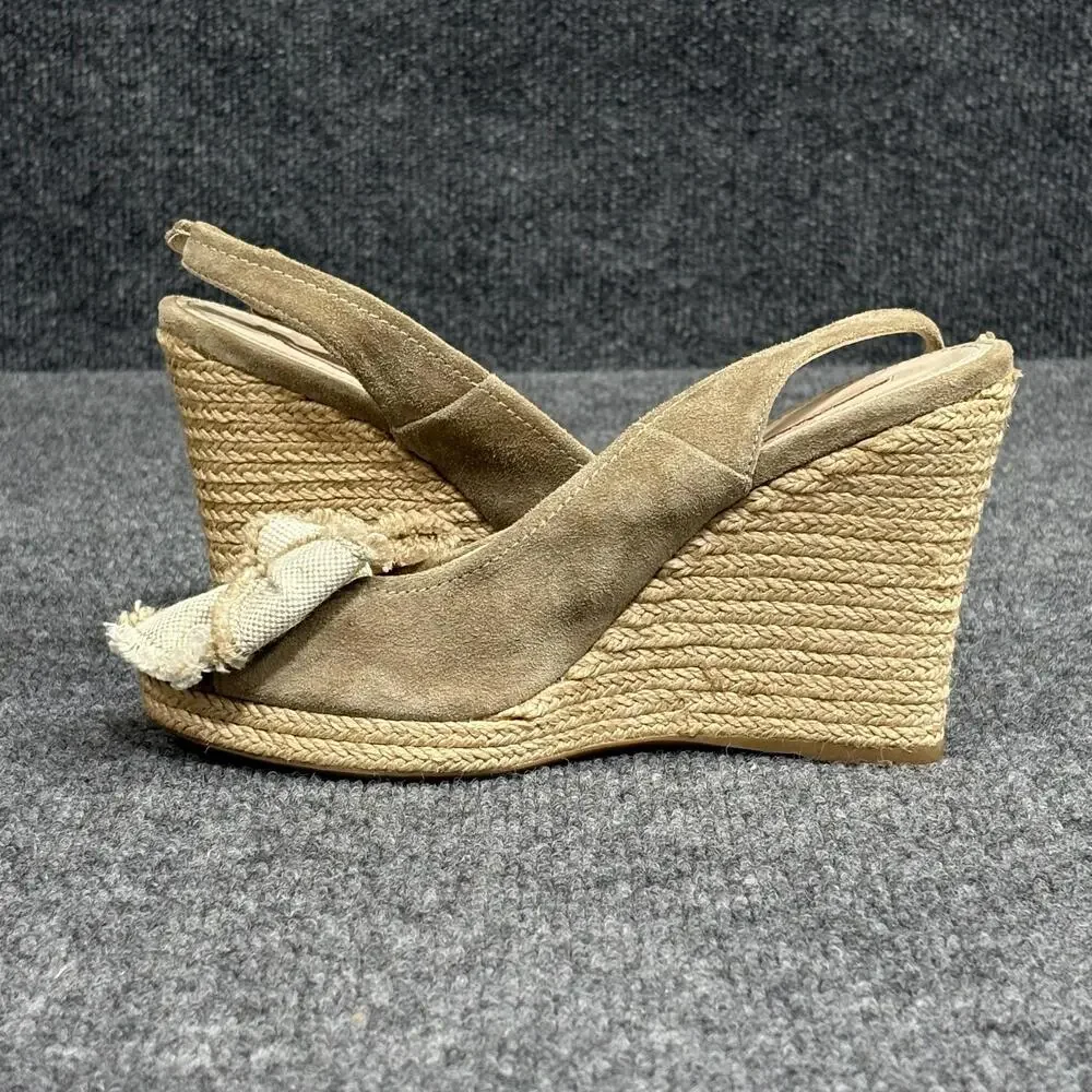 Prada Wedge Sandals Womens 5.5 Beige Espadrille Bow Peep Toe Suede Canvas